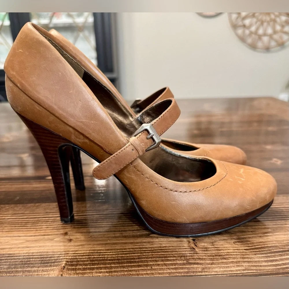 Vintage‎ Nine West Round Toe Platform Brown Leather Mary Jane Heels Size 7.5 - Picture 4 of 9